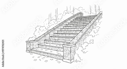Ornate garden stairs with swirling patterns ascend amidst foliage