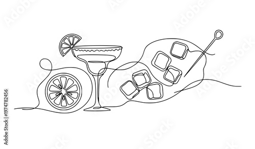 Continuous one line drawing cocktail icon set with margarita glass and drink elements vector isolated on white background