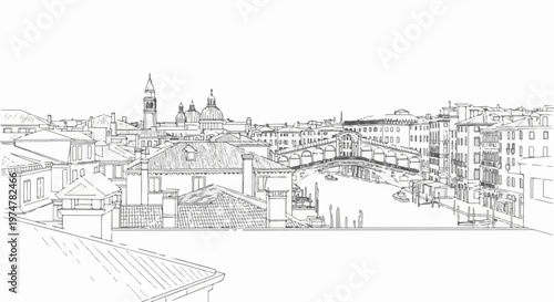 Panoramic sketch of a European city with canals, bridges, and domed buildings