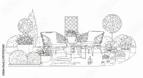 Patio scene with chairs, table, plants, and decorative elements