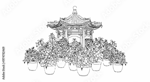 Ornate pavilion surrounded by lush potted plants in a detailed sketch