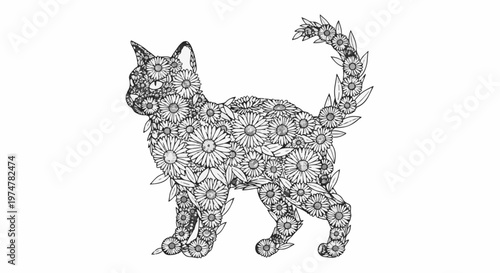 Silhouette of a cat formed from numerous daisy flowers and leaves