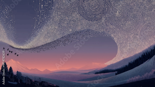Surreal landscape with patterned sky waves and distant mountains, artistic fantasy illustration perfect for posters, storytelling visuals, branding, and creative design projects