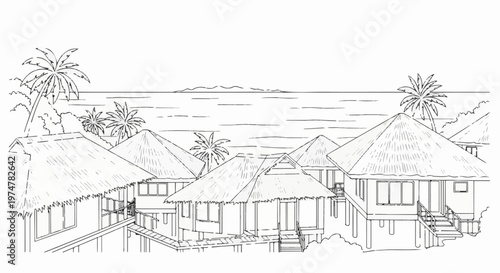 Tropical bungalows with thatched roofs over stilts on a serene ocean backdrop