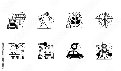 Eco Robotics and Sustainable AI Technology Line Icon Set for Green Innovation