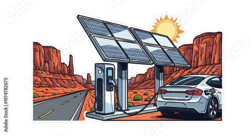 Electric car charging at solar powered station in desert landscape