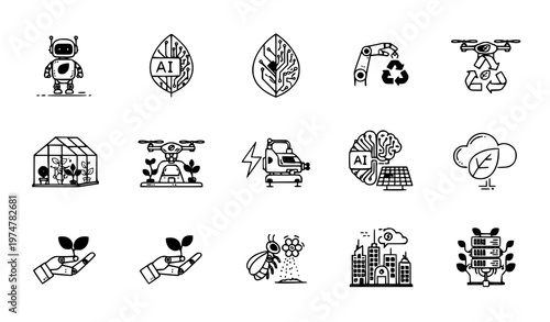 Futuristic Eco AI and Robotics Line Icon Collection for Sustainable Technology