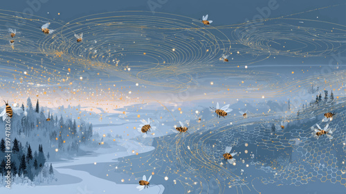 Surreal landscape with patterned sky waves and distant mountains, artistic fantasy illustration perfect for posters, storytelling visuals, branding, and creative design projects