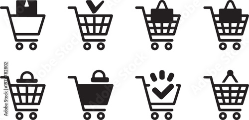 Collection of shopping cart icons, symbolizing e-commerce, online shopping, and retail services, various designs for different uses. vector illustration