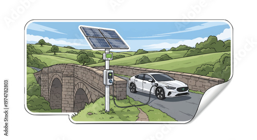 Electric car charging at solar powered station on countryside road