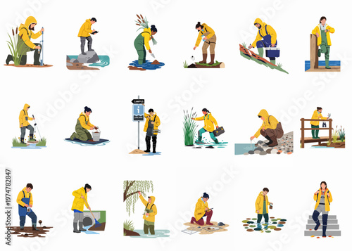 Collection of Scientists and Researchers Conducting Environmental Field Work in Wetlands, Sampling Water, Soil, and Plants in Protective Yellow Gear