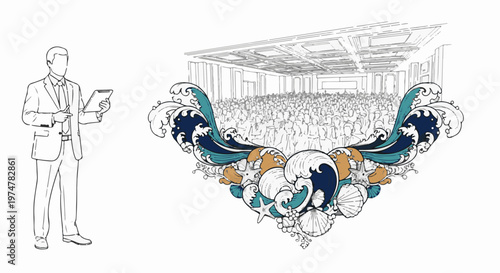 Presentation with audience, decorative waves and sea elements