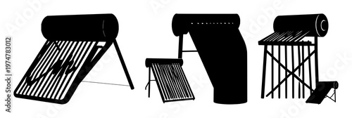 Solar thermal water heater set with solid black icon on white background featuring renewable energy, heating, water treatment with sustainable efficiency and clean technology