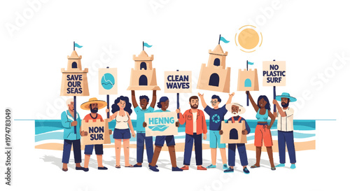 Diverse group of people protesting for ocean conservation on sunny beach