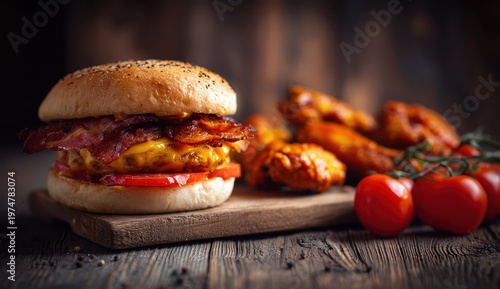 Juicy Bacon Cheeseburger and Crispy Chicken Wings with Fresh Tomatoes on a Rustic Wooden Board with Soft Dramatic Lighting