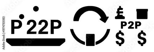 Peer-to-Peer Lending set with solid black icon on white background featuring financial technology, lending, digital network with peer-to-peer and credit