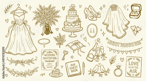 Hand drawn wedding elements collection including dress cake invitations rings bouquet and champagne for bridal celebration design