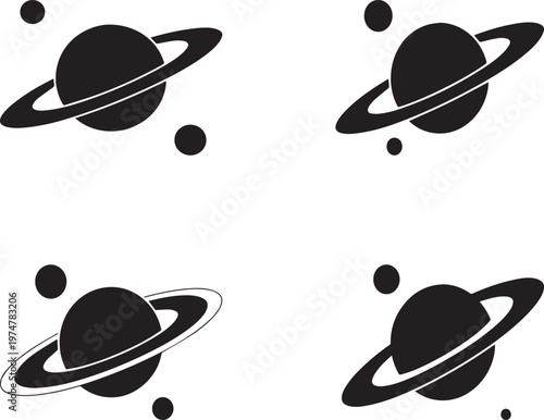 Set of vector icons featuring planets and fashion headwear like baseball caps and hats in a cartoon illustration style for clothing design templates