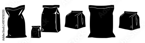 Thermal insulation delivery bag set with flat black silhouette design featuring insulated goods, shipping, packaging with scalable vector and icon graphic