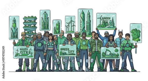 Diverse group of people holding eco friendly signs and protesting