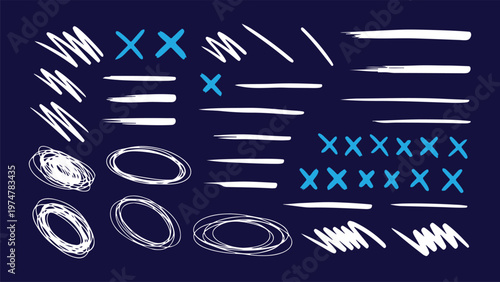 A collection of white and blue hand-drawn elements featuring rough brushstrokes, messy scribbles, cross marks, and sketchy oval frames on a dark blue background.