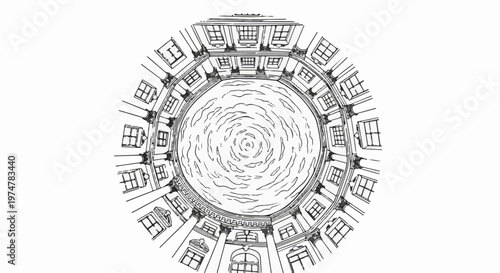 Circular architectural drawing of a dome with repeating windows and columns