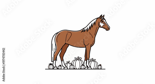 Brown horse stands among many pumpkins on a white background