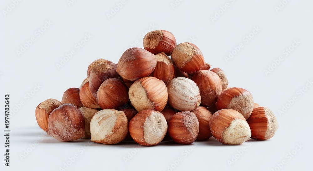 Fototapeta premium A mound of unpeeled hazelnuts, showcasing their textured shells and warm earthy tones