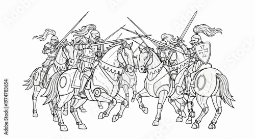 Knights in metallic armor riding horses with swords drawn, ready for battle