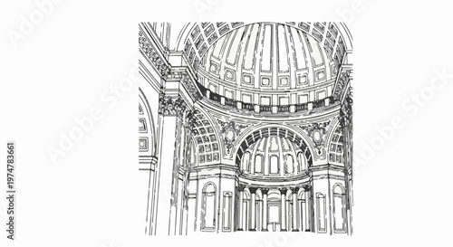 Ornate dome interior with arched windows and decorative columns in sketch