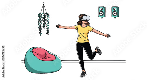 Woman wearing VR headset enjoying leisure time at home with bean bag
