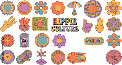 Large collection of vibrant psychedelic hippie culture stickers and designs featuring flowers, peace signs, and retro patterns. vector illustration