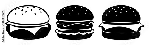 Plant-based meat burger icon set with solid black outline on white background featuring plant-based burger, simple line art, minimalist with black and white and food illustration