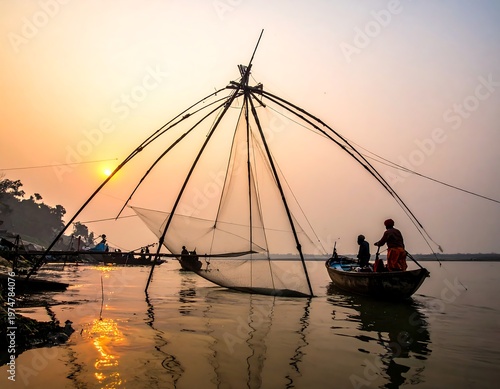 A serene waterscape featuring a fishing boat with fishermen casting a large net against a golden sunset. Other boats present