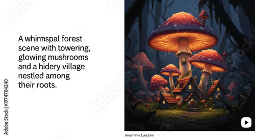 whimsical forest scene with glowing mushrooms and hidden village