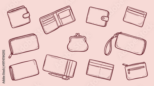 Collection of hand drawn wallets and card holders in various styles and sizes on a pink background, perfect for fashion and finance themes