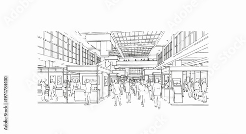 Lively exhibition hall interior with diverse people browsing displays and interacting