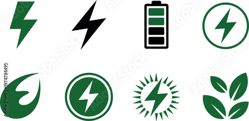 Renewable energy icons set showing green electricity symbols lightning bolt battery status and natural leaf elements.. vector illustration
