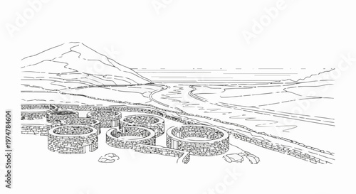 Ancient circular stone structures near a meandering river and mountain