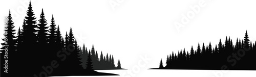 Evergreen forest silhouettes with perspective depth isolated on white background, pine tree landscape scene, woodland hills composition, black nature illustration for design and backgrounds