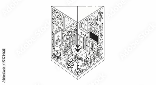 An isometric illustration of a patterned room with furniture and art