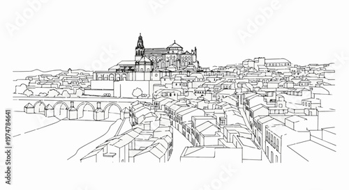 Panoramic sketch of historic town with ancient bridge and grand cathedral