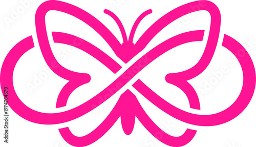 Pink butterfly infinity symbol illustration. This stylized graphic combines a butterfly with an intertwined infinity loop. A vector design for awareness, hope, and eternal love concepts.