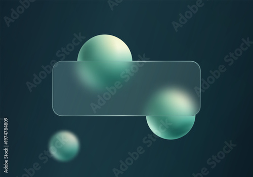 Dark teal glass morphism banner with translucent panel and glowing gradient spheres