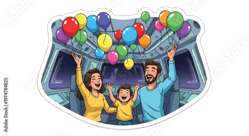 Happy family with colorful balloons in a spaceship