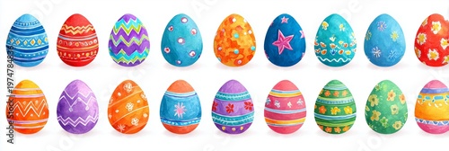 A festive Easter-themed illustration featuring a collection of 18 colorful decorated eggs arranged in two rows. Each egg showcases a unique pattern including zigzags, stripes, stars, flowers.