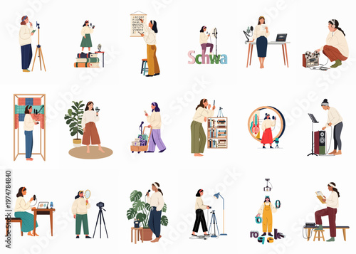Set of Diverse Illustrations Depicting People Engaged in Speech Therapy, Phonetics, Sound Recording, and Linguistic Studies in Various Settings.