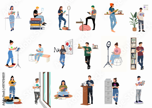 Flat vector illustration set of diverse people studying psychology and creating digital content using tablets and modern technology in various settings.