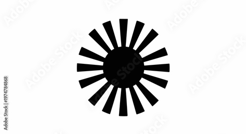 Black sun symbol with outward radiating rays on white background