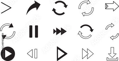 ssional set of black linear and solid icons designed for media players, video interfaces, and web navigation. 